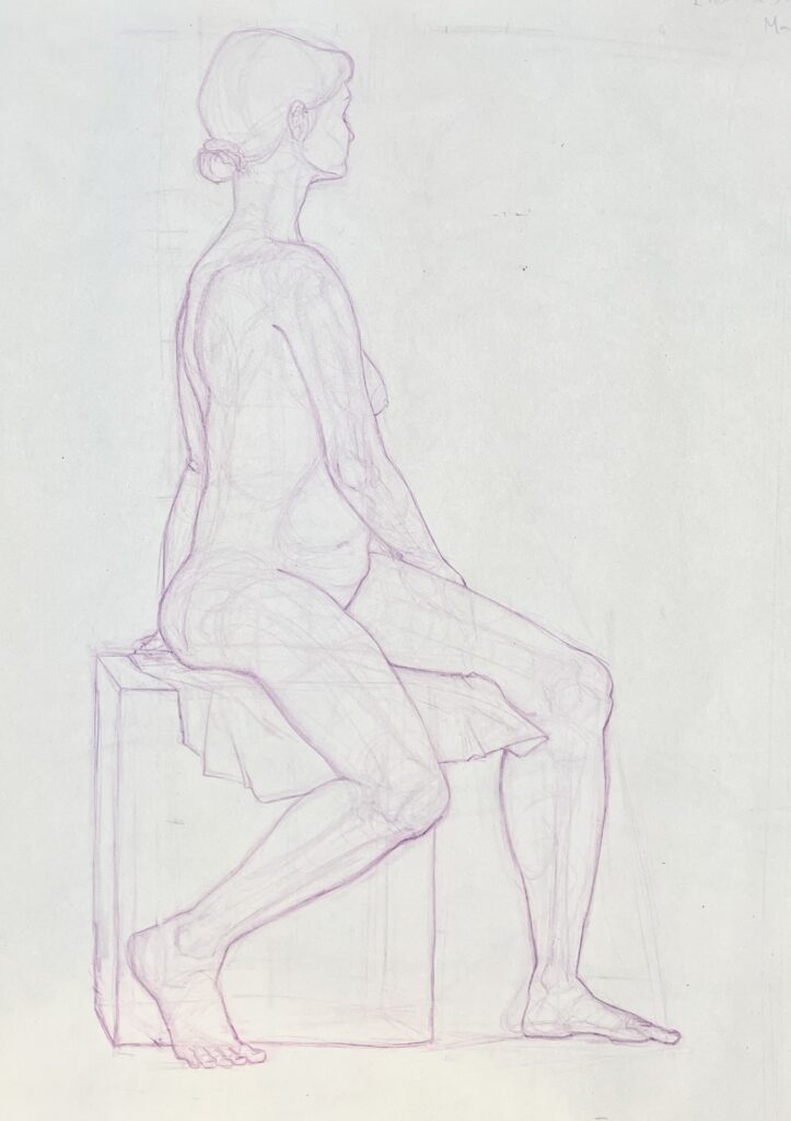 Col-erase pencil study of a women sitting, facing away from the camera