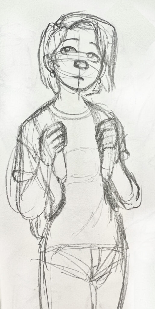 Graphite sketch of a character looking up and to the side