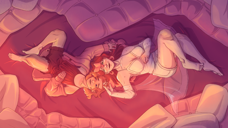 Digital art of 2 women laying on a bed looking at each other with emotion from a bird's eye view