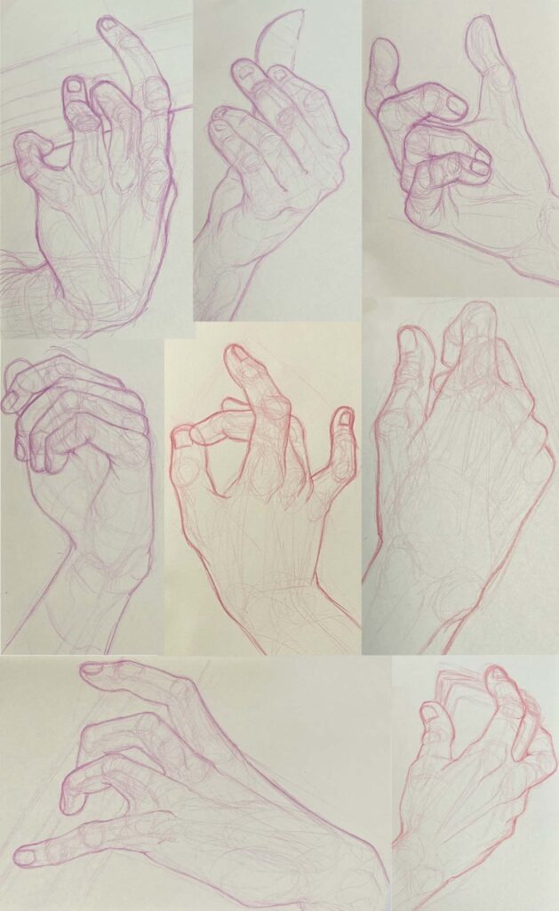 Tiled image of an assortment of col-erase hand studies